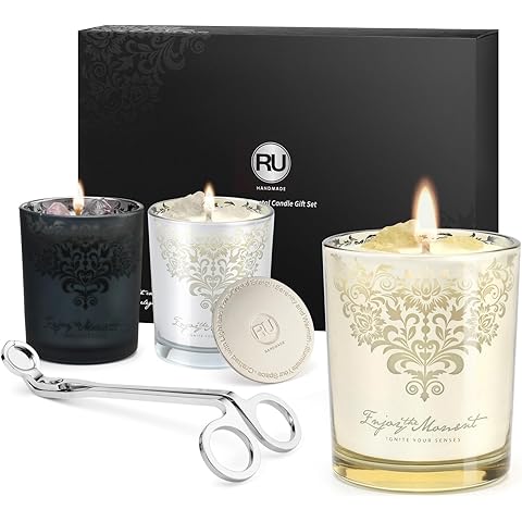 Luxury Scented Candles Gift Set – 3 Crystal Soy & Beeswax Aromatherapy Candle with Snuffer Lid & Wick Trimmer,7oz/each | Floral & Citrus Scents, Candle for Women, candles for home Scented & Relaxation