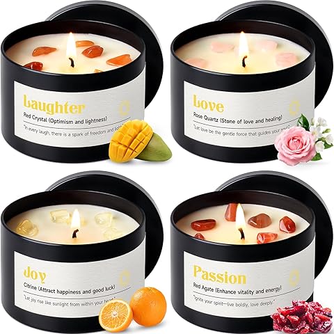 AOOVOO Crystal Energy Candles Set for Women - 4 Pack Candles for Home Scented, 26 oz Soy Wax 200 Hour Burn, Laughter Ruby Quartz/Love Rose Quartz/Joy Citrine/Passion Carnelian
