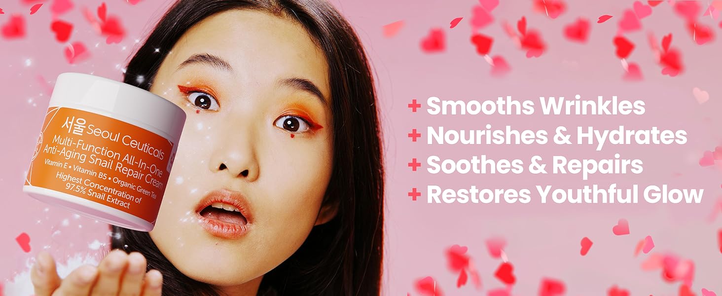 SeoulCeuticals Snail Mucin All In One Cream with K Beauty model next to text showing 4 key benefits