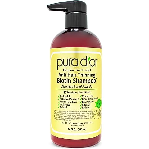PURA D'OR Original Gold Label Anti-Thinning Shampoo Clinically Tested, Infused with Argan Oil, Biotin & Natural Ingredients, Sulfate Free, All Hair Types, Men and Women, 16 Fl Oz (Packaging may vary)