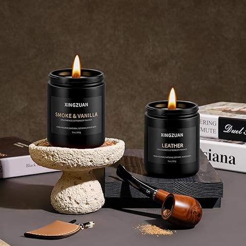 XINGZUAN 2 Pack 10% Essence Smoke Vanilla Candle Set | Leather Scented Candle | Men's Room Decor | Nature Soy with Wood Wick | Long Lasting 80 Hour Time | Gift for Man Cave, Bedroom, or Office