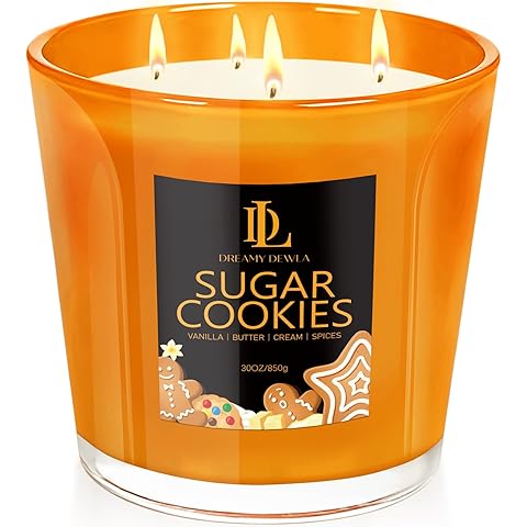 Large Christmas Candle Sugar Cookie Scented, 4 Wick Natural Soy Candles for Home Sc...