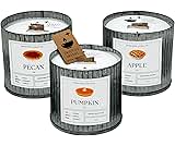 Dough Bowl Candle Co. Coffee Candle - Set of 3 Corrugated Metal Tin Set with Essential Oils in Apple Pie, Pumpkin and Pecan Pie, 100% Soy Wax, 80 Hour Burn, Reusable Decor