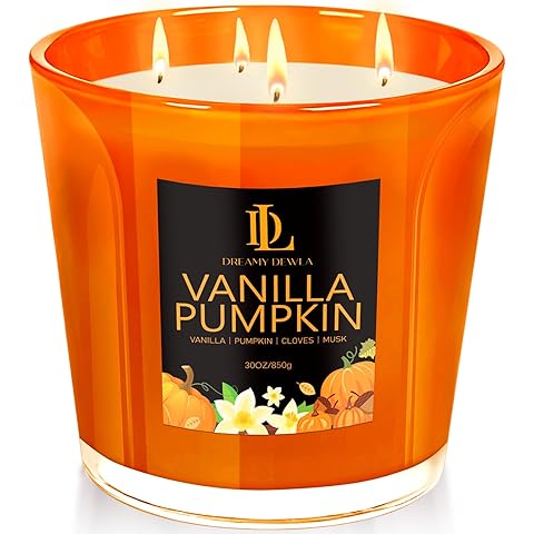 Large Fall Candle Vanilla Pumpkin Scented, 4 Wick Natural Soy Candles for Home Scen...