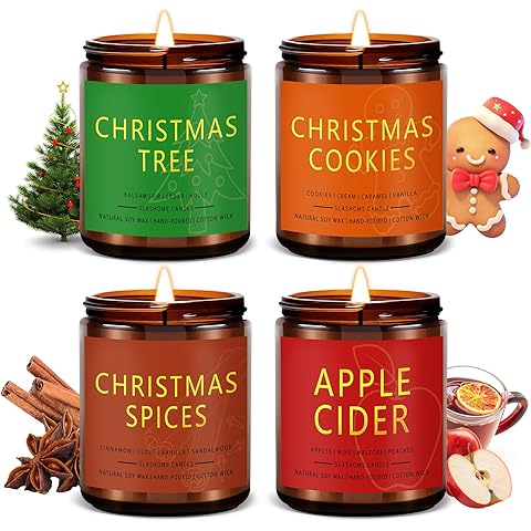 Christmas Candle Gift Set, 4 Pack 7 oz Soy Scented Candles for Home, Holiday & Birthday Gift for Women & Men, Includes Christmas Tree, Cookies, Spices & Apple Cider, Winter Holiday Home Decor