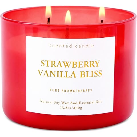 Strawberry Vanilla Aromatherapy Candle - Large 3 Wick Soy Scented Candle 15.8 oz - Relaxing Vanilla Candle for Home & Stress Relief - Long Lasting Natural Candles Gift for Women & Men - Clean Burning