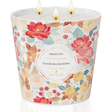 M&SENSE Gardenia Jasmine Scented Candle, 28.2oz 3 Wick Natural Soy Wax Large Candles, Long Lasting Clean Slow Clean Burning No Toxic Décor for Home Relaxation, Romantic Dates & Gift-Giving