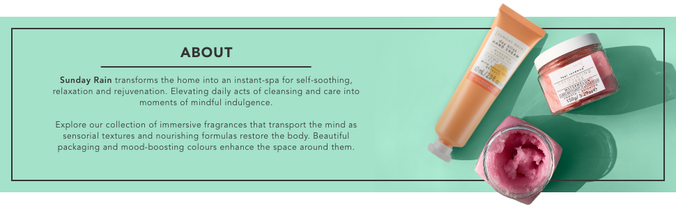 Sunday Rain, About Us Banner, Green background, hand cream, body scrub, exfoliating cubes