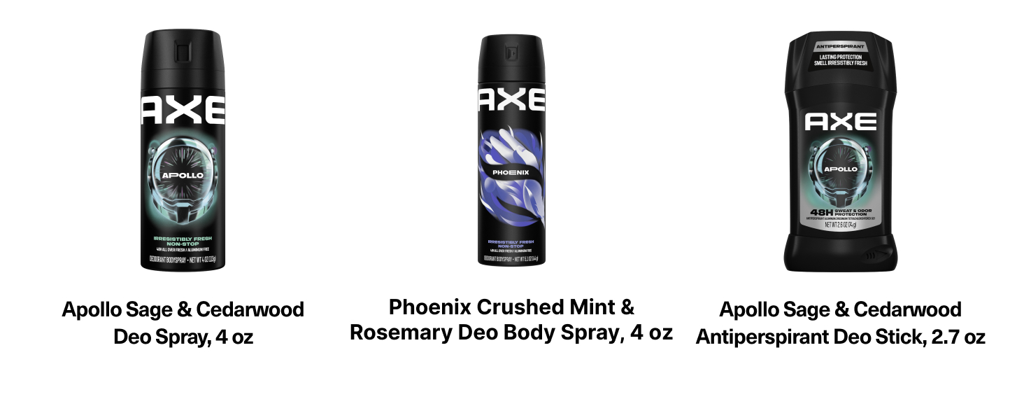 AXE products lineup, Apollo spray, Phoenix body spray, Apollo antiperspirant stick.