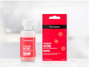 Glass bottle of Stubborn Acne Spot Drying Lotion and a package of Acne Blemish Patches