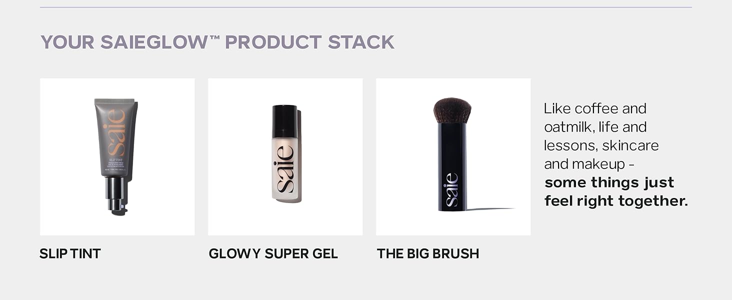 Product stack includes face sunscreen glowy skin tint and brush for smooth dewy coverage