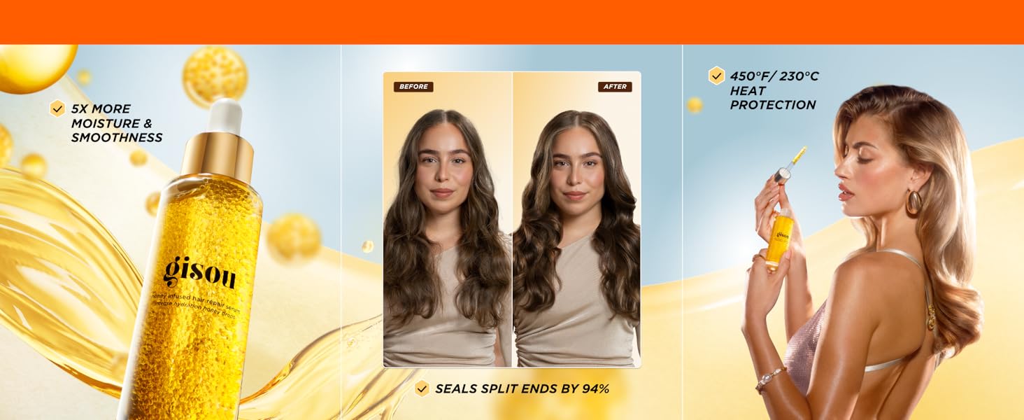 Benefits of the Gisou Honey Infused Hair Repair Serum in the middle