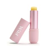 A light pink lip balm stick with a golden cap, shown alongside its matching cylindrical container. The product has a sleek and minimalist design.