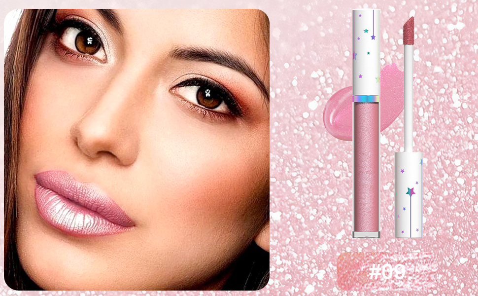 evpct 1Pcs Pink Pearlescent Shimmer Lip Gloss, Long Lasting glitter Liquid Lipstick Lip