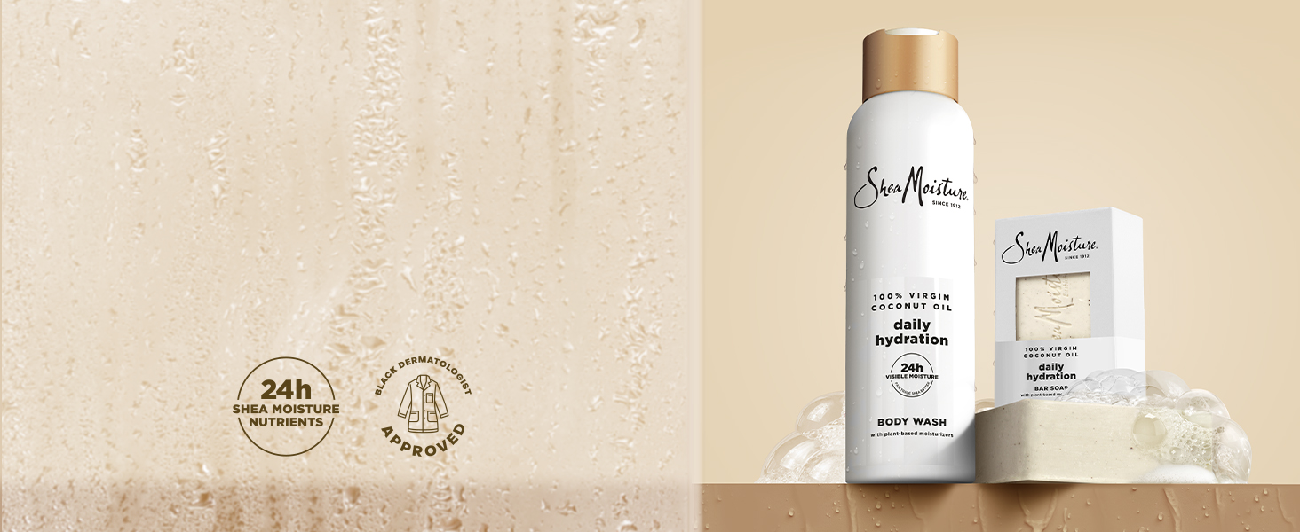 A collection shot of the 100% Virgin Coconut Oil Body Wash and Bar Soap on a beige background