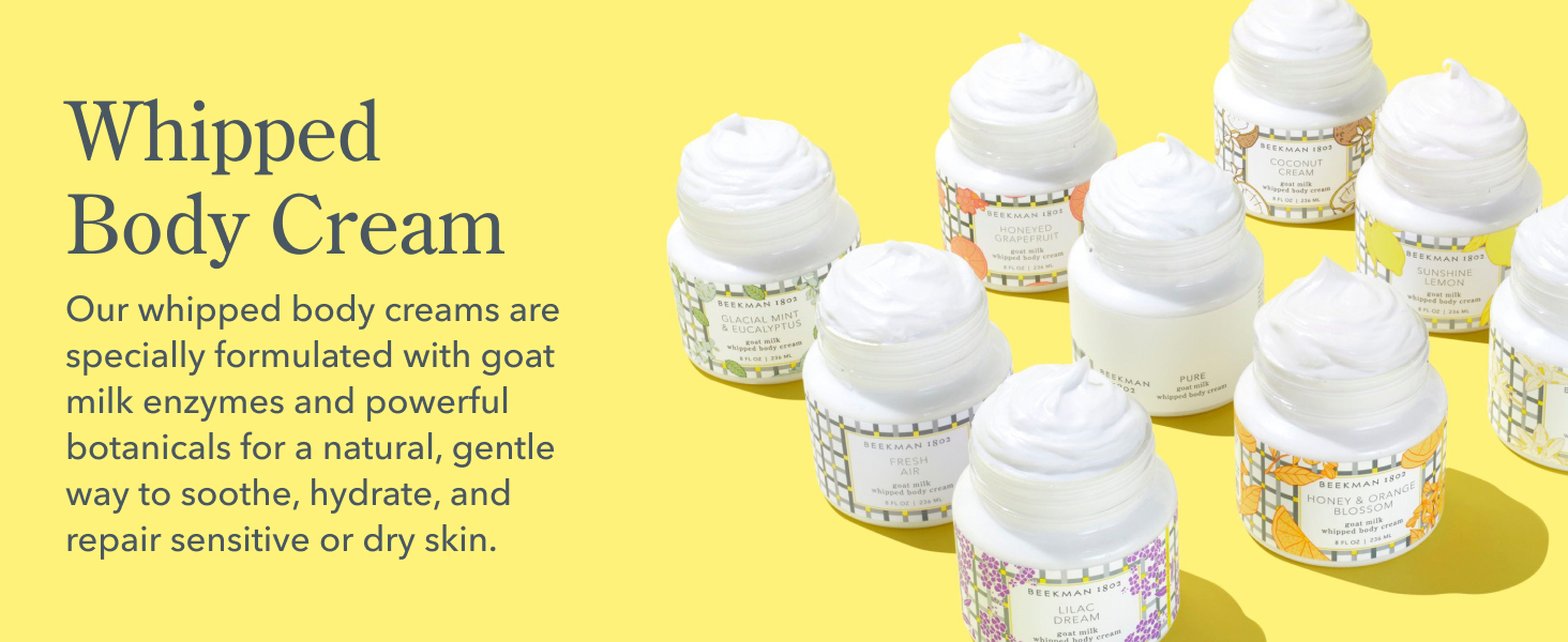 Beekman 1802 Whipped Body Cream - Multiple Scents of Whipped Goat Milk lotion on yellow background