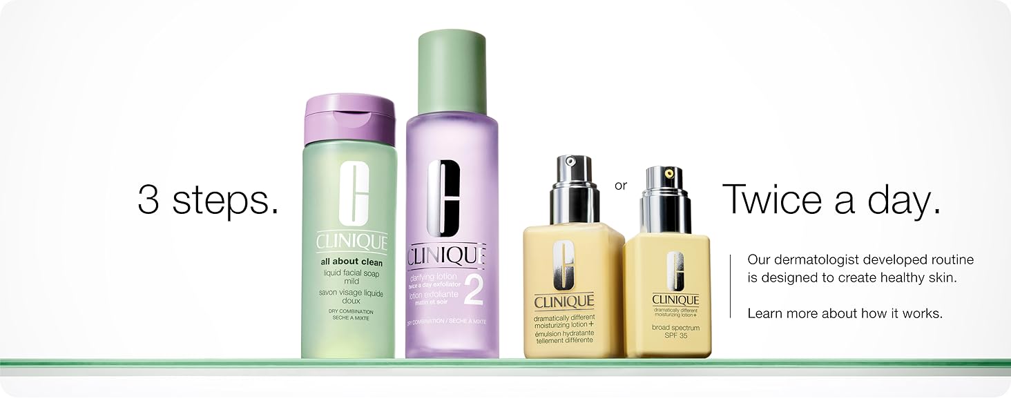 Clinique 3-Step routine. Cleanse, exfoliate, moisturize—morning and night.