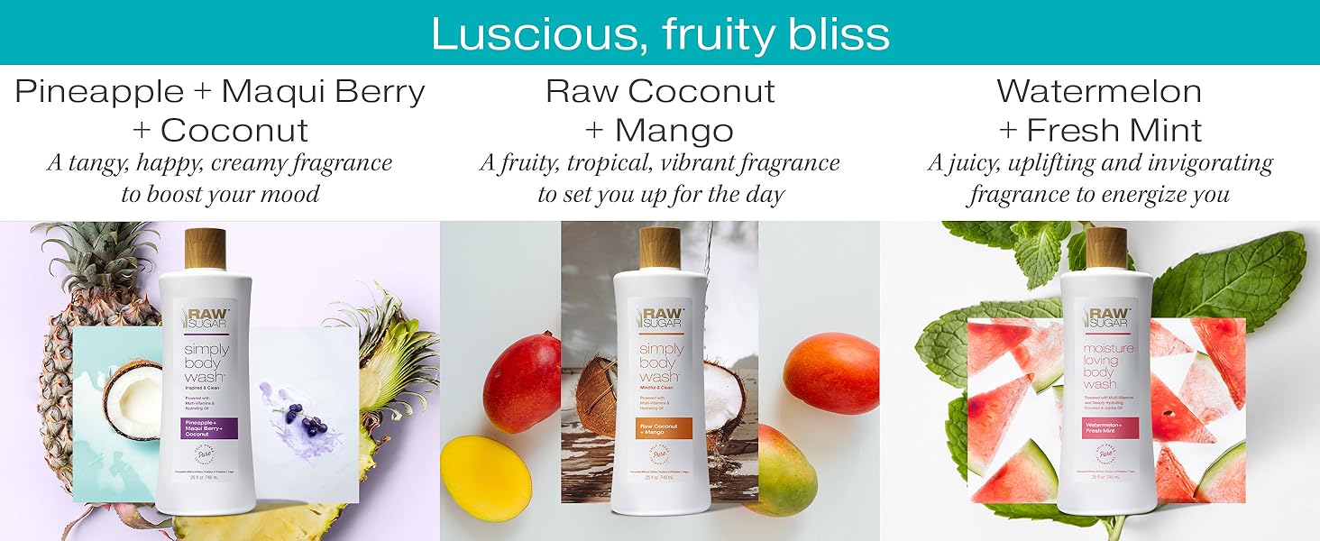 Body wash fruity scents coconut mango pineapple watermelon mint energizing refreshing cleanse
