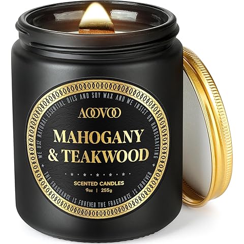 AOOVOO Scented Candles for Men - Mahogany & Teakwood Candles for Home Scented | Crackling Wood Wick Soy Candles | Strong Fragranced Masculine Black Candle Gift for Women & Men, 9oz