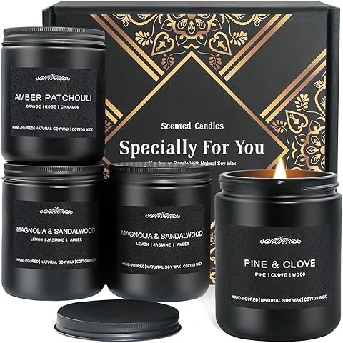 Scented Candle Set for Men, 4 Pack Black Jar Candles with Manly Scents – Amber Patc...