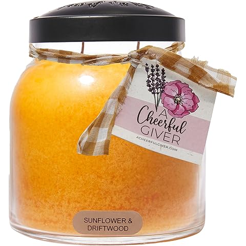 A Cheerful Giver - Sunflower & Driftwood - 34oz Papa Scented Candle Jar with Lid - Keepers of The Light - 155 Hours, Gift Candle, Yellow, Big Candles for Home Decoration