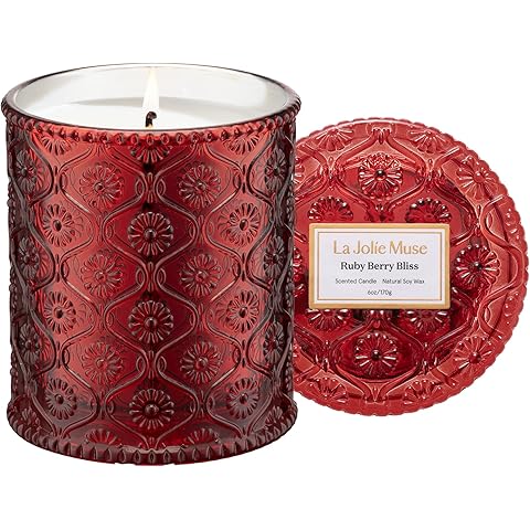 LA JOLIE MUSE Ruby Berry Bliss Scented Candle – Mandarin, Cranberry & Plum | 6 oz Festive Fall Candle | 40 Hours Clean Burn|Vibrant Scent| Gift for Hosts|Fall Tablescapes