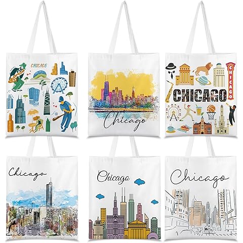 Paterr 6 Pcs Chicago Souvenir Gifts Tote Bags Canvas City Themed Grocery Shopping Bag Tote City Travel Souvenirs Gifts for Women