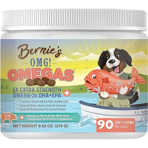 Bernie’s OMG! Omegas Chews for Dogs - 5X Extra Strength DHA+EPA, Fish Oil, Healthy Skin & Coat, Allergy Relief, Joint Supplement (Pork Flavor)