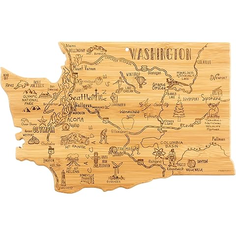 Totally Bamboo Destination Washington State Shaped Cutting Board, Charcuterie and Cheese Serving Board – Washington Gift for Home Décor or Everyday Kitchen Use