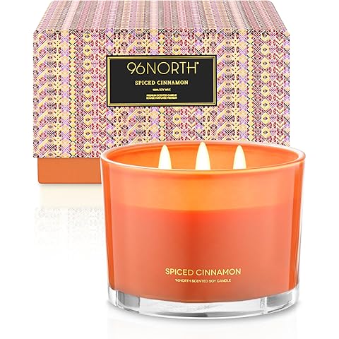 96NORTH Luxury Spiced Cinnamon Candle | Large 3 Wick Jar Candle | Up to 50 Hours Burning Time | 100% Natural Soy Wax | Relaxing Aromatherapy Aesthetic Candles | Housewarming Gift for Men and Women