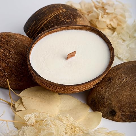 BADALYAN Art Studio - Scented Candle Clearance, Wooden Wick Soy Candle in a Coconut Shell - Relaxation Gifts for Women, Candles for Home Scented, Room Decor, Non Toxic (Caramel Island)