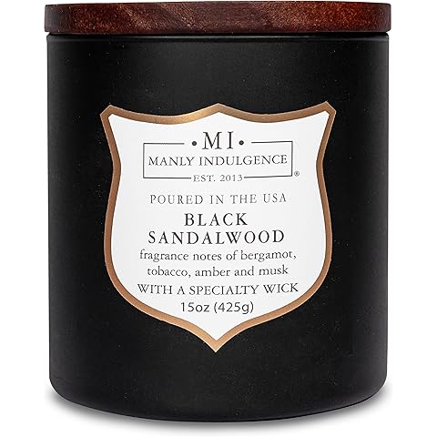 Manly Indulgence Black Sandalwood Scented Candle for Men 15 oz – Bergamot, Tobacco, Amber & Musk - Wood Wick - Up to 60 Hours Burn - Soy Blend Wax, USA Poured – Signature Collection