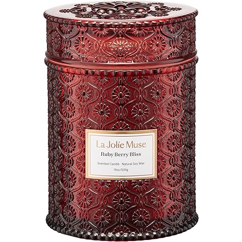 LA JOLIE MUSE Ruby Berry Bliss Scented Candle – Mandarin, Cranberry & Plum | 19 oz Festive Fall Candle | Wooden Wick | Clean Burn & Vibrant Scent | Fun Gift for Hosts & Fall Tablescapes