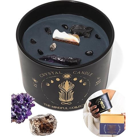 Black Crystal Candle for Women - 12oz Wood Wick Candle That Crackles with Natural Soy Wax. Luxurious Slow Burn, for Meditation. Includes Amethyst & Smokey Quartz Crystals