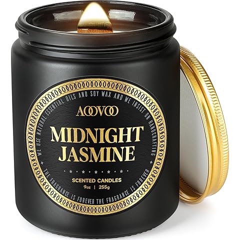 AOOVOO Scented Candles for Men - Midnight Jasmine Candles for Home Scented | Crackling Wood Wick Soy Wax| Strong Fragranced Masculine Black Gift for Women & Men, 9oz