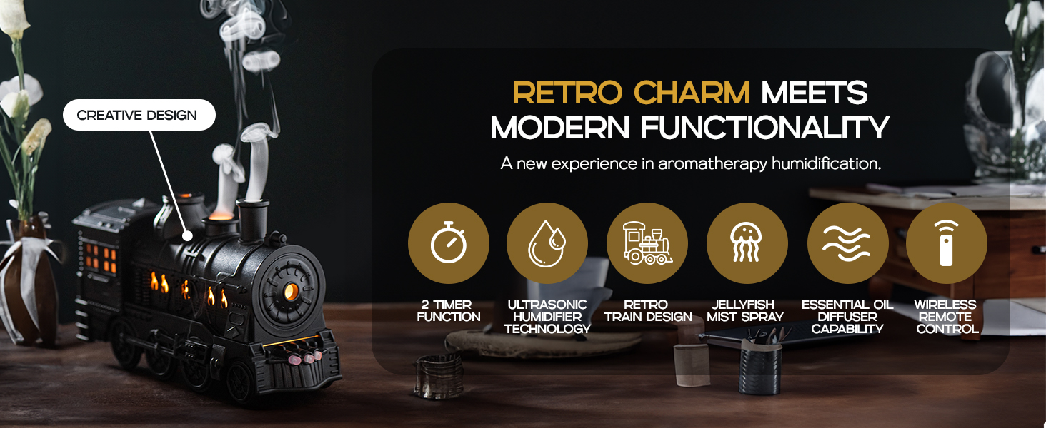 Retro train with modern features including timer, safety power off, remote, mist options, and colors