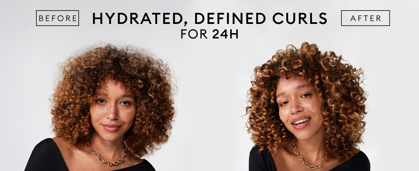 Model with curly hair, frizzy on the left and defined on the right, against a white background.
