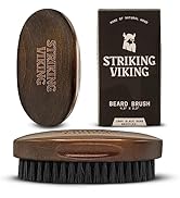 Striking Viking beard brush with oval wooden handle and black bristles. Packaging shows 100% black boar bristles. Multiple views of the brush displayed.