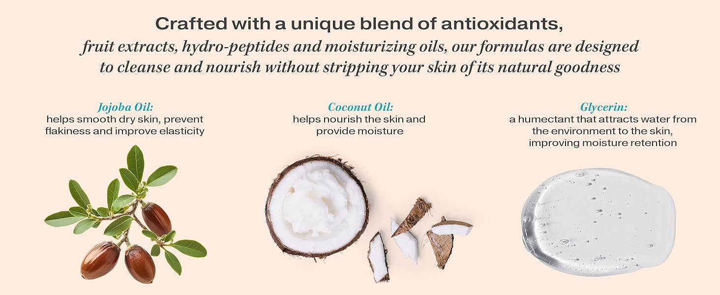 Body Wash antioxidants jojoba oil coconut oil glycerin hydration elasticity moisture