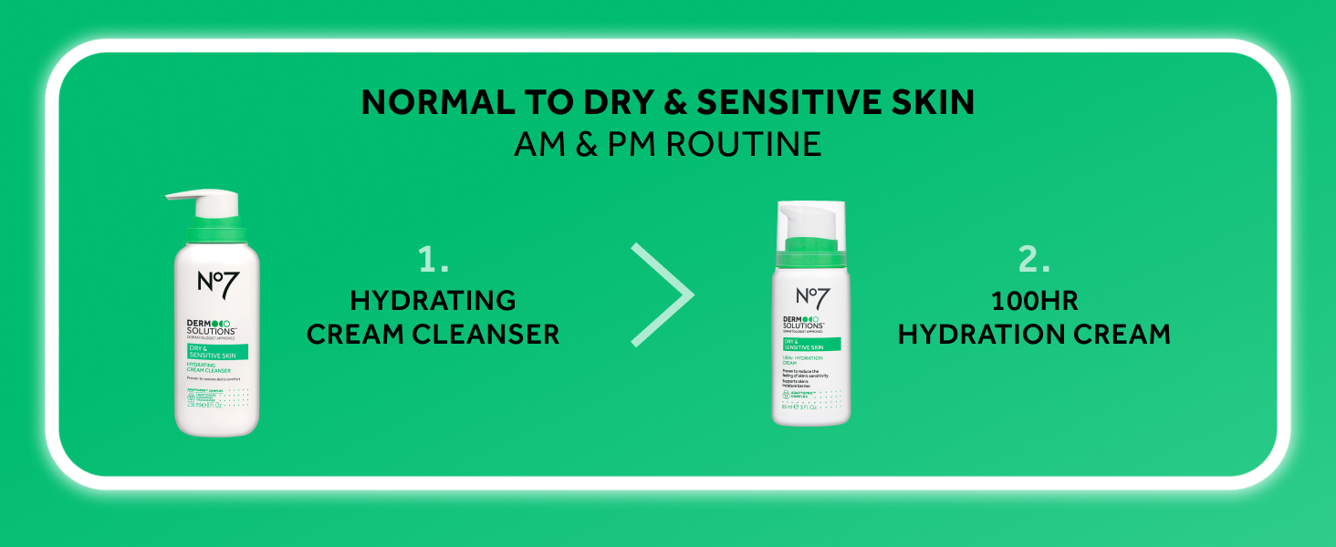 routine for normal to dry & sensitive skin, use hydrating cream cleanser and 100hr hydration cream