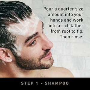 Step 1, Shmapoo, Quarter size amount, rich lather, rinse
