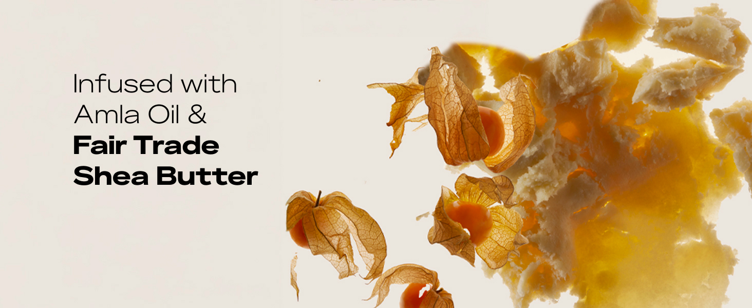 Picture of alma seeds and shea butter against light grey background with text.