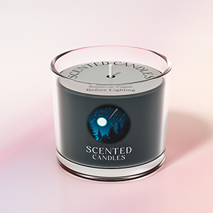 Cylindrical scented candle in a glass jar with a gray label. Features a blue circular design with trees and moon. Text on top reads 'Scented Candles'.