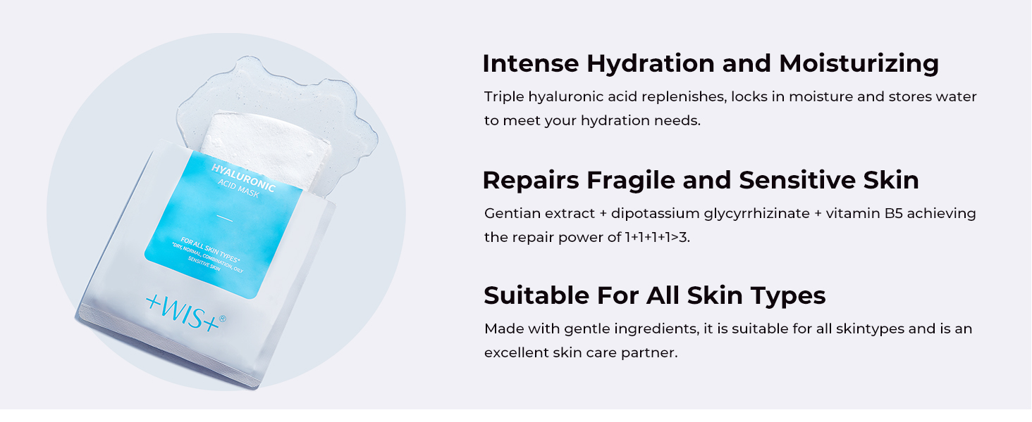 WIS Hyaluronic Acid Sheet Mask 24 EA with Hyaluronic Acid Serum and Vitamin B5 Hydrating Facial Mask