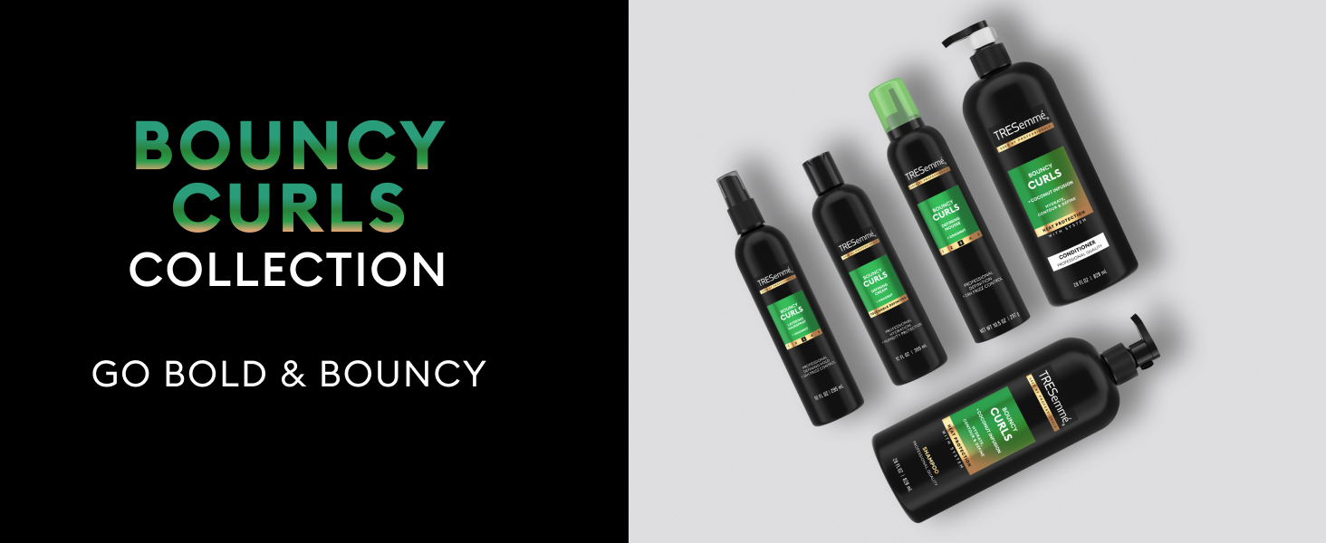 Text on a black backdrop next to full range of TRESemmé products.