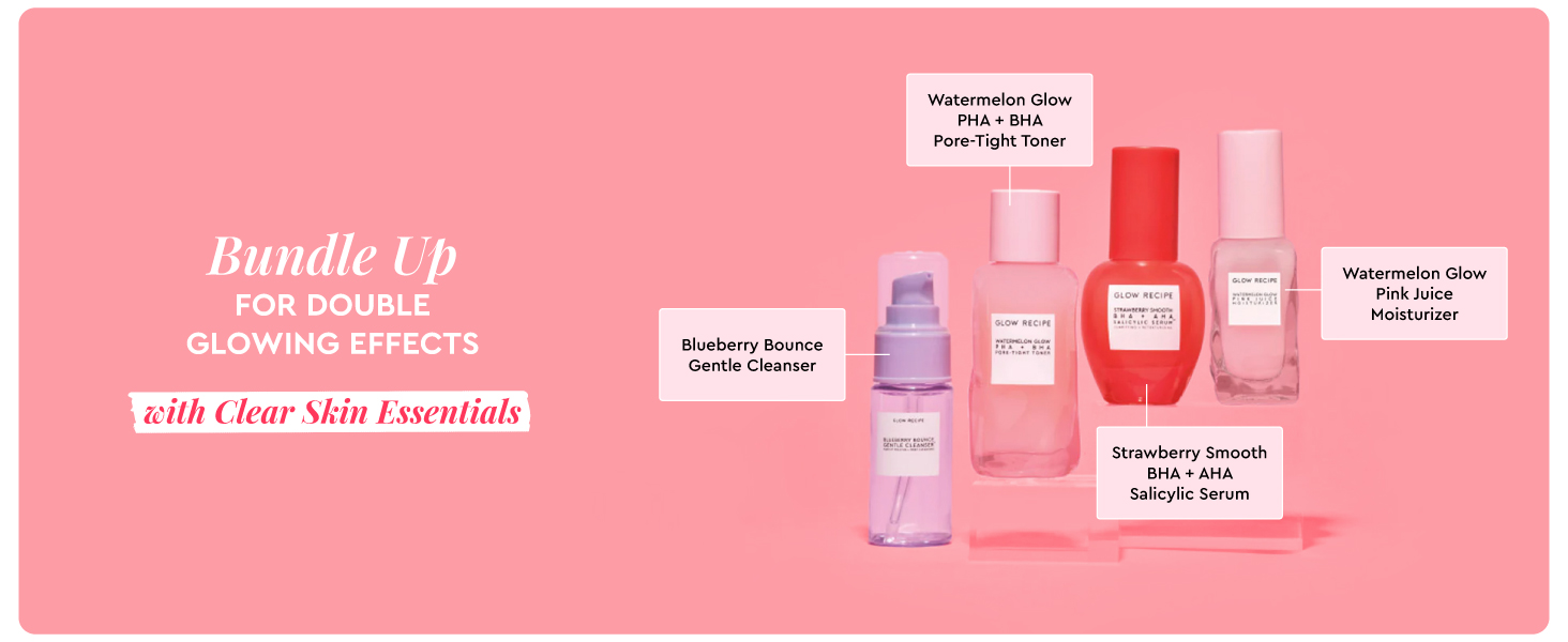 Bundle up for double glowing effects with blueberry bounce cleanser, pha+bha toner, strawberry serum