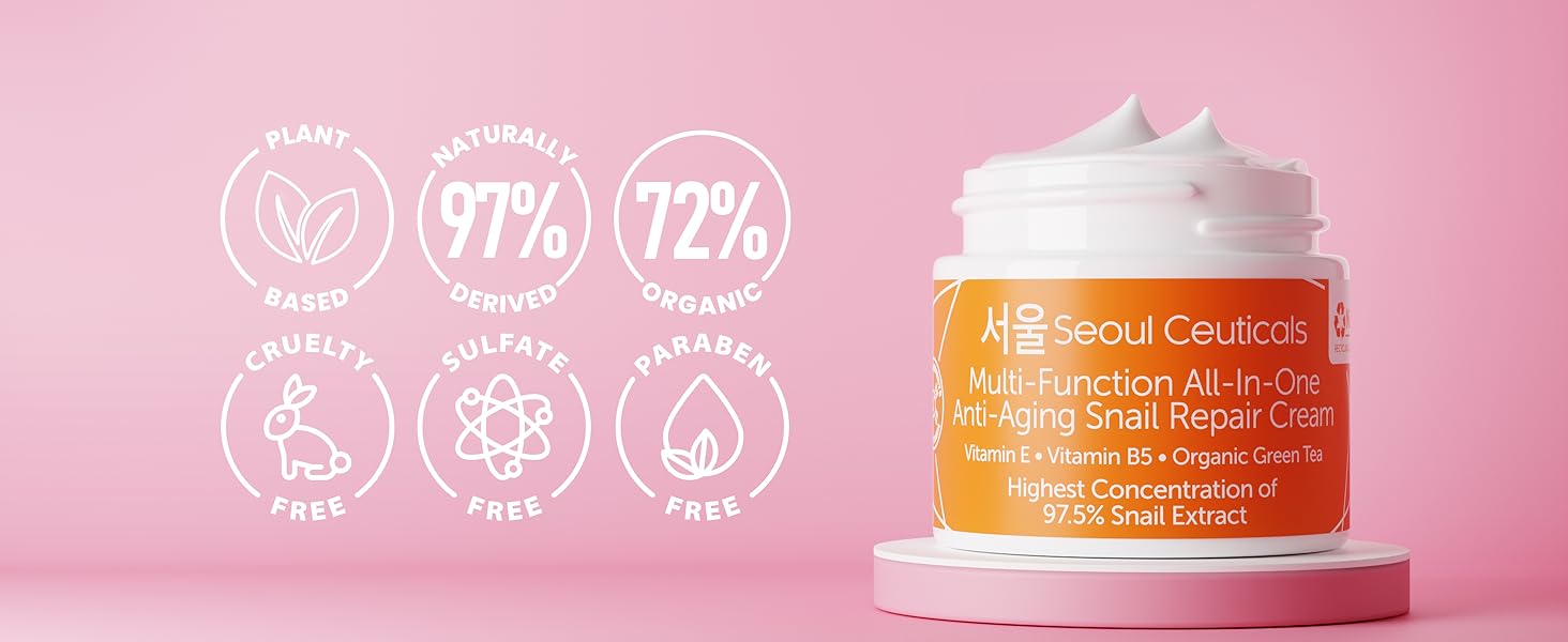 SeoulCeuticals Snail Cream for face Korean on podium with 6 badges showing key benefits