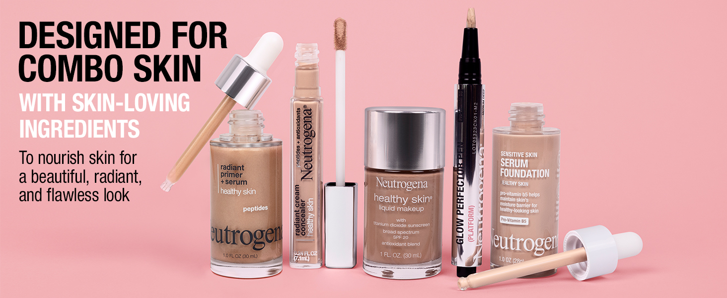 Neutrogena makeup products group on pink background designed for combination skin