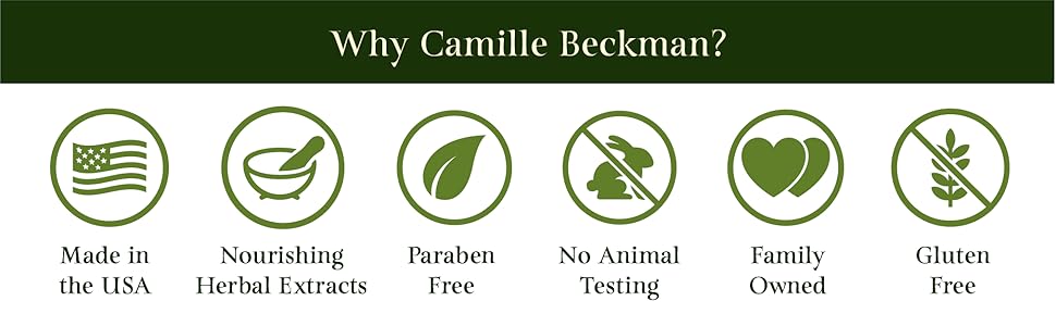 Why Camille Beckman? Made in the USA · Nourishing Herbal Extracts · Gluten Free · No Animal Testing