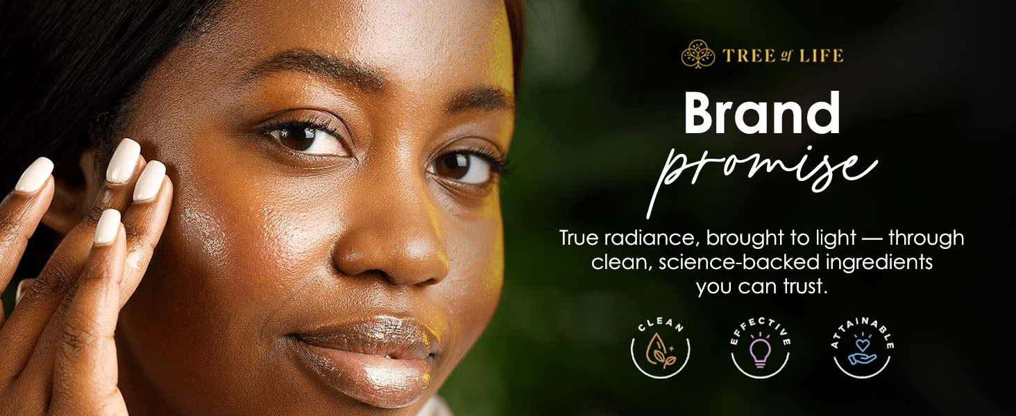 woman with smooth face, with Tree of Life's brand promise of clean, effective, attainable skincare